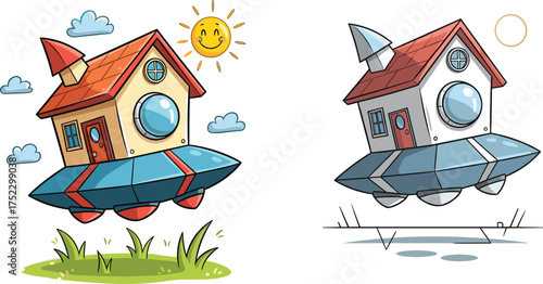 Flying cartoon houses as spaceships, whimsical sci-fi architecture, colorful fantasy illustration, cockpit windows, cheerful and neutral environment contrast