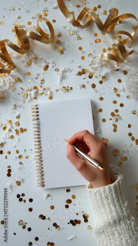 Hand Writing in a Notebook Surrounded by Gold Confetti and Decorations