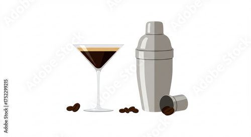 Espresso martini cocktail with shaker and coffee beans on white background  