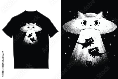 Whimsical ufo abducting cats graphic design for t-shirts unique apparel featuring cute feline friends and extraterrestrial theme