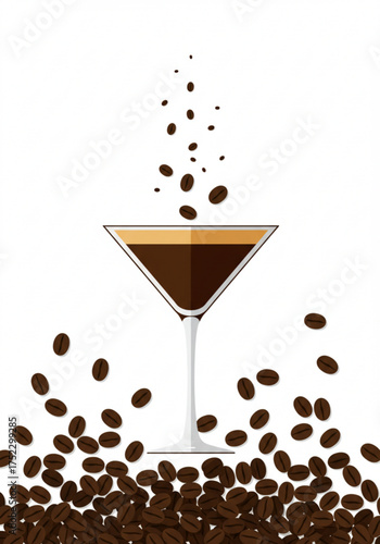 Espresso martini with coffee beans on white background  