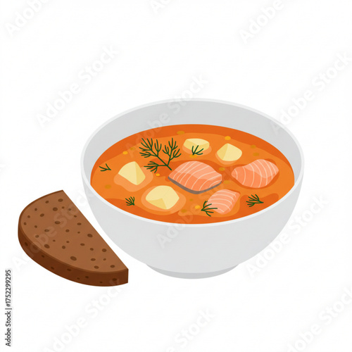 Finnish salmon soup in white bowl with rye bread on side  