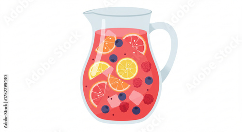Fresh fruit punch in a glass pitcher with colorful fruits  