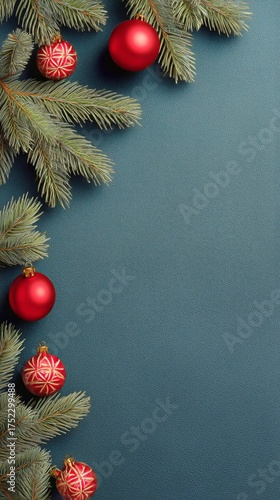 Red Ornaments and Pine Branches Create a Festive Holiday Atmosphere on a Dark...