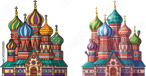 WebSaint Basil’s Cathedral cartoon and realistic illustration, iconic Russian architecture, colorful domes, Moscow landmark, artistic comparison, travel concept