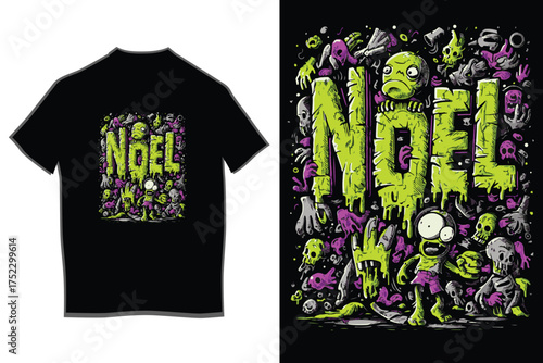 Spooky noel christmas t-shirt design featuring chilling creatures and grungy festive text perfect for alternative holiday apparel