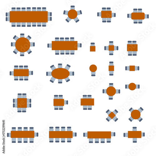 Banquet Table Layouts Vector Set – Seating Arrangements and Floor Plan Icons.   Perfect for event planners, interior designers, and architectural floor plans.