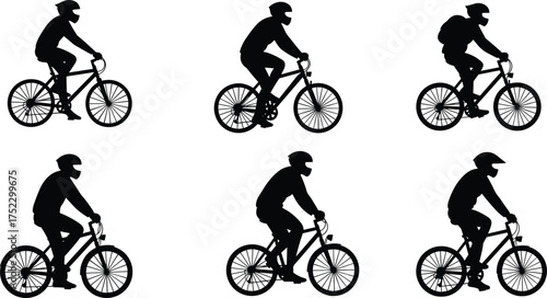Cyclist silhouette collection, people riding bicycles, black vector illustration, helmet safety, transportation design, cycling posture, fitness activity, urban mobility, sports graphic