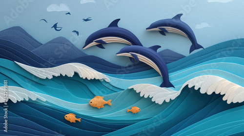 Dolphins leaping over waves with colorful fish in vibrant ocean scene