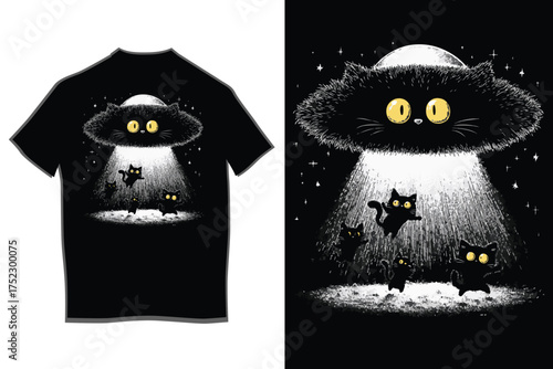 Spooky alien encounter t-shirt design featuring a ufo and mysterious creatures on a black tee