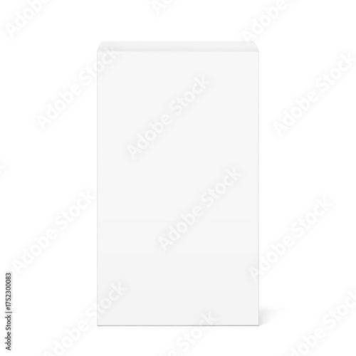 Realistic white closed paperboard box mockup. Front view. Vector illustration isolated on white background. Taking your 2D designs into 3D. Can be use for pharmacy, food, cosmetic. EPS10.