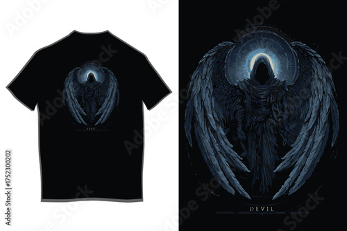 Mysterious dark angel t-shirt design featuring dramatic wings and ethereal glow on black apparel