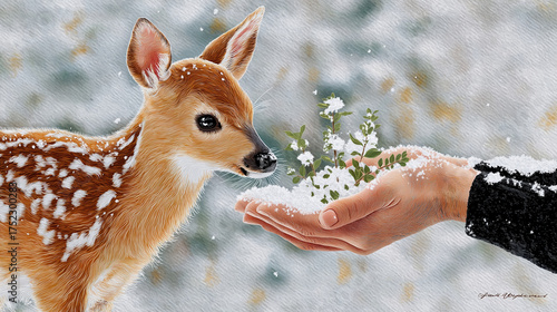 Young deer in snowy landscape approaching outstretched hand holding snow-covered flowers