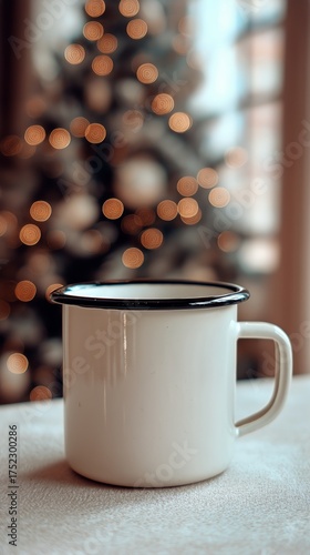 Cozy White Mug Resting on a Table With a Beautiful Christmas Tree Softly Glow...