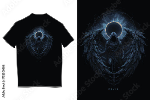 Mysterious cosmic angel design on black t-shirt for unique apparel and statement fashion