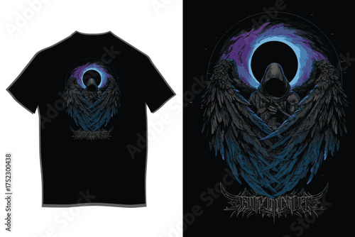 Cosmic angel graphic black t-shirt design featuring celestial aura and dark fantasy imagery for apparel enthusiasts