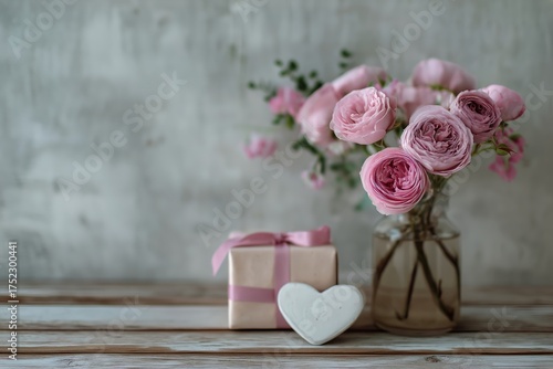 Beautiful Pink Roses Arranged in a Glass Vase With a Gift Box and a Heart-Sha...