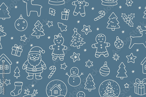 A seamless pattern of doodle-style Christmas icons. Santa, gingerbread, trees, and candies are hand-drawn. A festive, trendy background for your designs.
