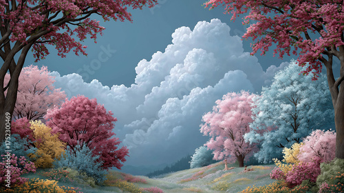 Serene landscape with vibrant blossom trees and dramatic cloudy sky