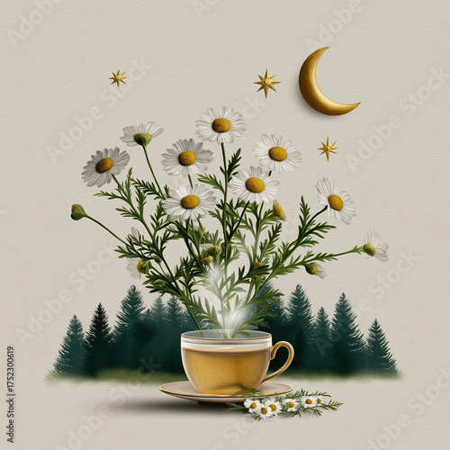 Whimsical daisies blooming from tea cup with night sky motif