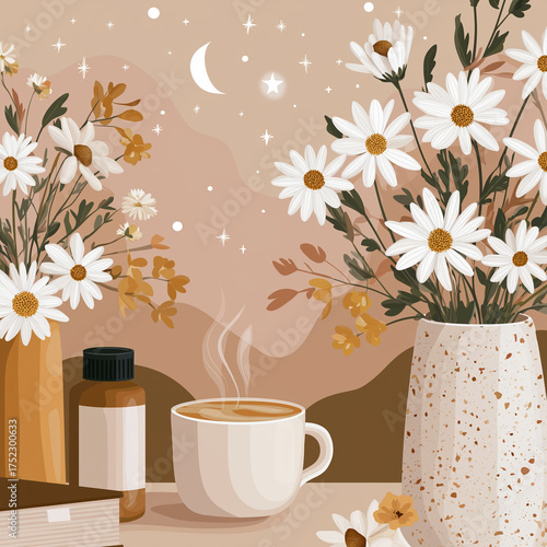 Cozy evening with coffee mug and daisies under starry night sky