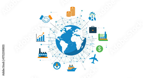 Global Business Network: World Map with Interconnected Icons.