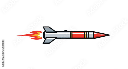 A sleek red and silver missile with fiery exhaust trails in flight.