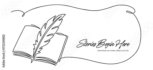 Wallpaper Mural One Line Drawing of Open Book with Feather Quill Banner Frame Torontodigital.ca