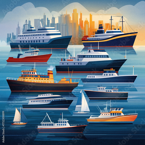 Colorful fleet of boats and ships on calm water with city skyline at sunset
