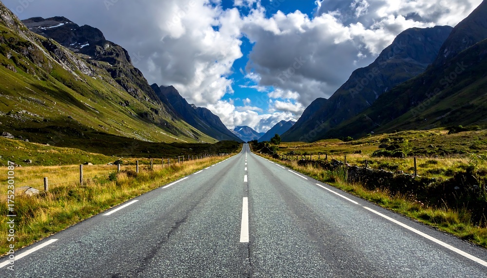 Fototapeta premium A long, empty road stretches towards distant mountains beneath a dramatic sky. Lush green valleys flank the asphalt path