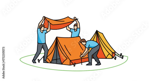 Three people setting up two colorful camping tents outdoors.