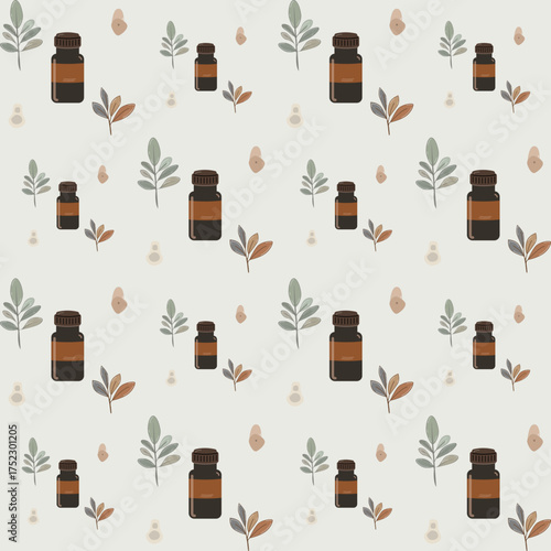 Essential oil bottle pattern with herbal leaves – seamless background