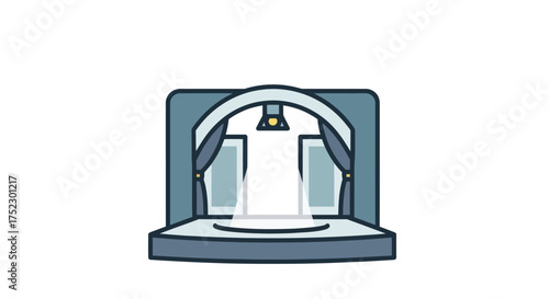 Illustrated performance stage with blue curtains arch and overhead spotlight.