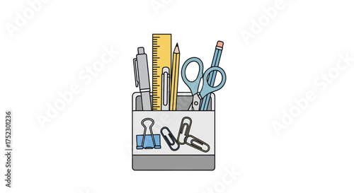 Assortment of Office Supplies in a Desk Organizer.