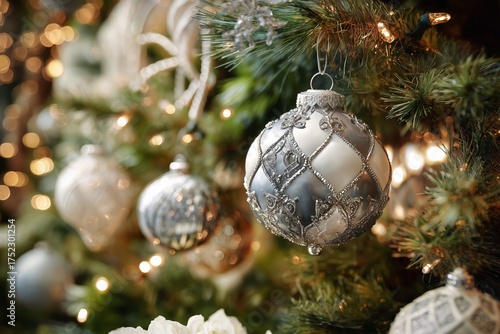 Elegant Silver and White Ornaments Hanging on a Festive Tree During the Holid...
