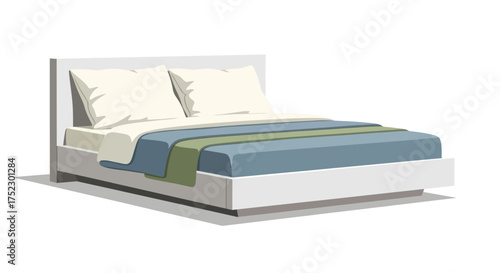 Modern White Bed with Blue and Green Bedding Illustration.