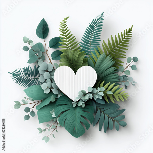 Heart-shaped foliage arrangement with various green leaves on white background