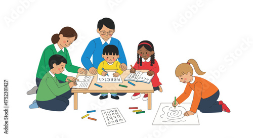 Diverse group of children and adults engaged in a creative art class activity.