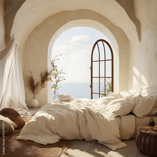 Bright mediterranean bedroom interior with ocean view and sunlight