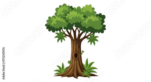 Vibrant Cartoon Tree with Green Leaves and Brown Trunk.