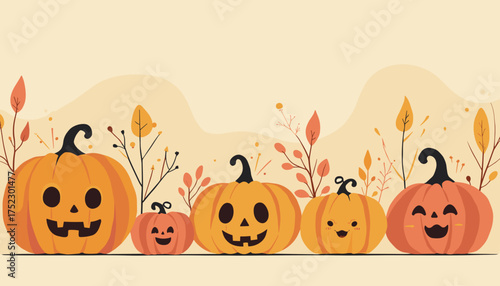 Cheerful Halloween pumpkins with faces among autumn leaves on a soft pastel background