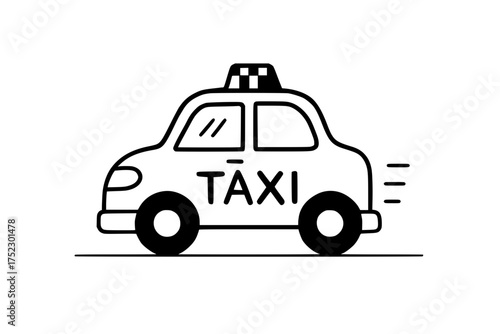 Hand drawn black and white moving taxi cab illustration
