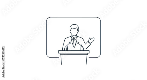 Line art illustration of speaker at podium with microphones gesturing.