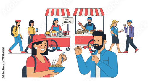 People Enjoying Street Food at a Lively Outdoor Market Illustration.