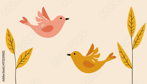 Two colorful birds flying among leaves on a soft pastel background
