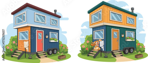 Cartoon tiny houses on wheels, mobile home illustration, landscaped setting, colorful architecture, compact living, vector art for stock use