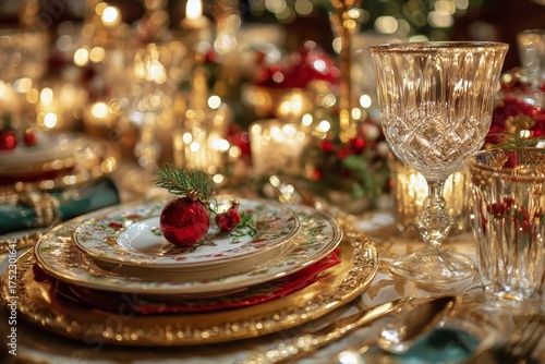 Elegant Christmas Dinner Setting With Sparkling Lights and Festive Decoration...