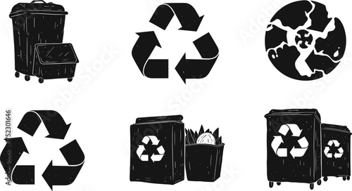 Recycling icons, waste management symbols, eco friendly trash bins, composting illustration, sustainability concept, global environment care, reuse reduce recycle design