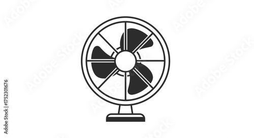 Simple black and white line art icon of a classic electric table fan.