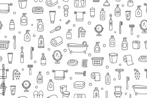 A seamless pattern of doodle bathroom icons. Hand-drawn home goods and bathroom decor. Vector illustration. Vector